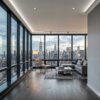 Installed Lighting Cove Molding for Indirect Lighting creating soft perimeter ceiling illumination in a contemporary living room with expansive city views.