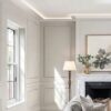 Installed Miami Art Deco Crown Molding for LED's creating soft indirect ceiling lighting in an elegant residential interior.