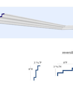 Product image of Los Angeles 3-Step Crown Molding with profile illustration and reversible dimension options showing 8 inch projection by 3-13/16 inch height or 3-13/16 inch projection by 8 inch height.