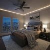 Installed Extra Tall Miami Art-Deco Baseboard adding elegant decorative trim details along the walls of a softly lit bedroom interior.