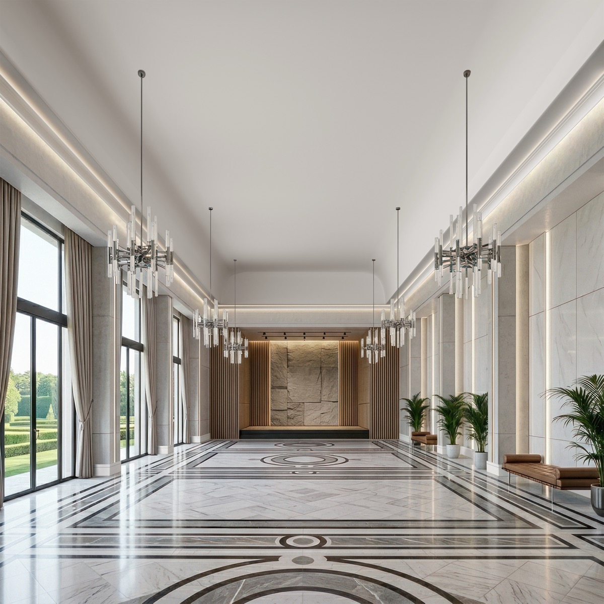 Installed Extra Tall Miami Art-Deco Baseboard adding elegant decorative trim details along the walls of a grand upscale interior.