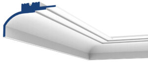 Miami 2-Way / 2-Step Molding for Indirect Lighting corner view with a curved face, stepped edges, and blue cross-section.